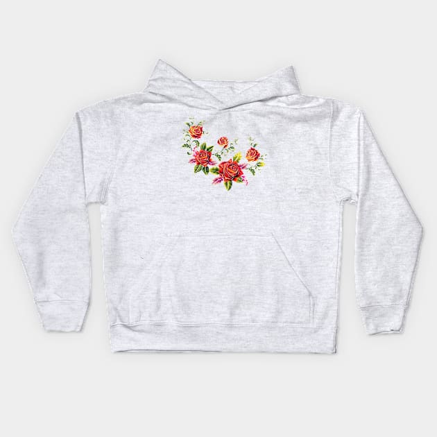 Red roses embroidery bouquet Kids Hoodie by Mako Design 